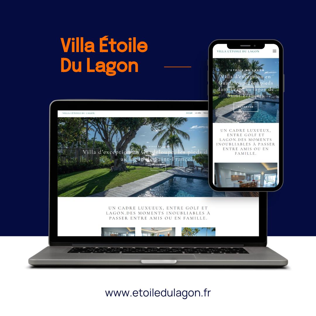 Un ordinateur portable et un smartphone affichent un site web de location de villas sur un fond bleu foncé, avec l'URL en dessous.