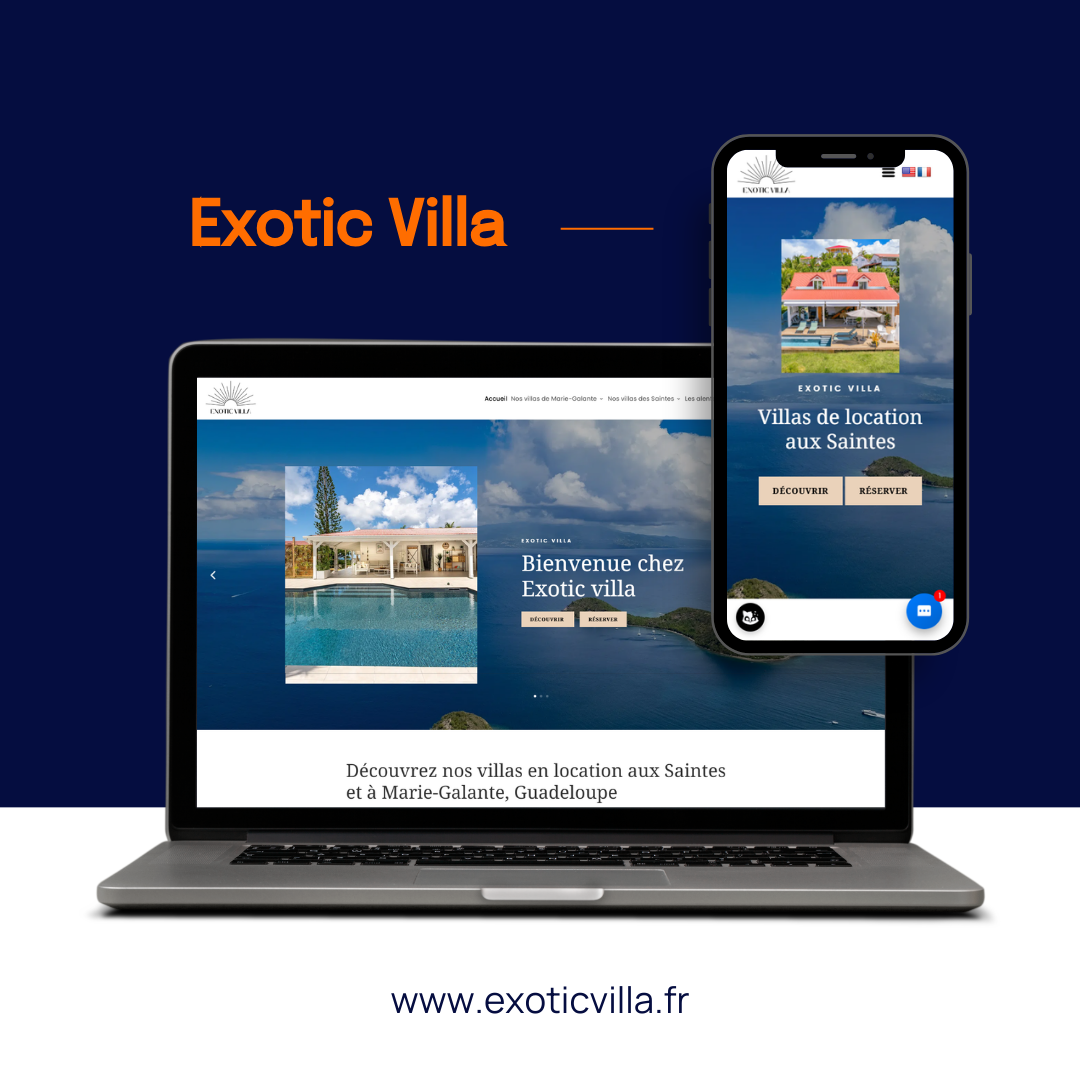 Un ordinateur portable et un smartphone affichent le site web d'Exotic Villa sur un fond bleu foncé, avec l'URL en dessous.