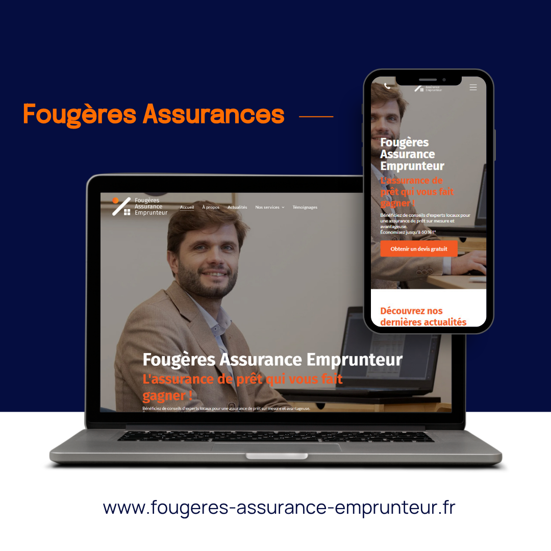 Visuel promotionnel pour Fougères Assurances avec un ordinateur portable et un smartphone présentant le site web d'assurance emprunteur