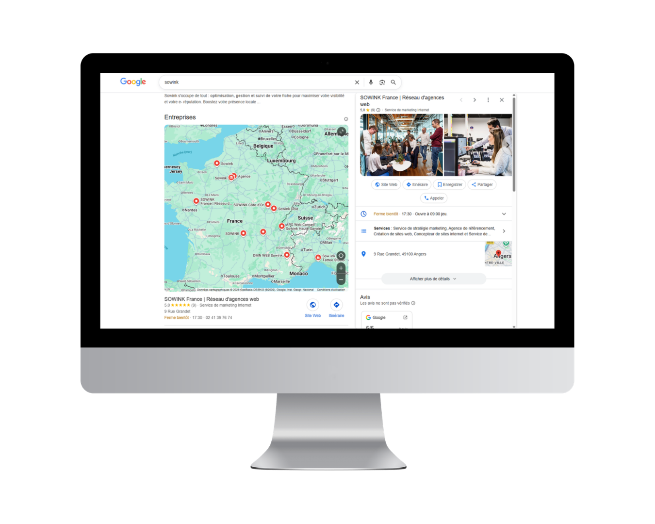 Un écran d'ordinateur affichant une recherche Google Maps pour PayPal France avec plusieurs marqueurs de localisation à travers le pays.
