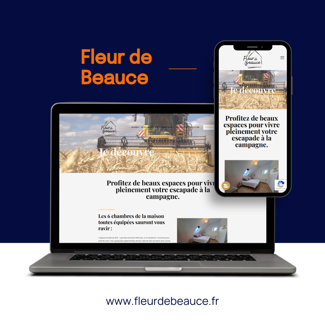 Un ordinateur portable et un smartphone affichant le site web de Fleur de Beauce, avec l'adresse web « www.fleurdebeauce.fr » en dessous.