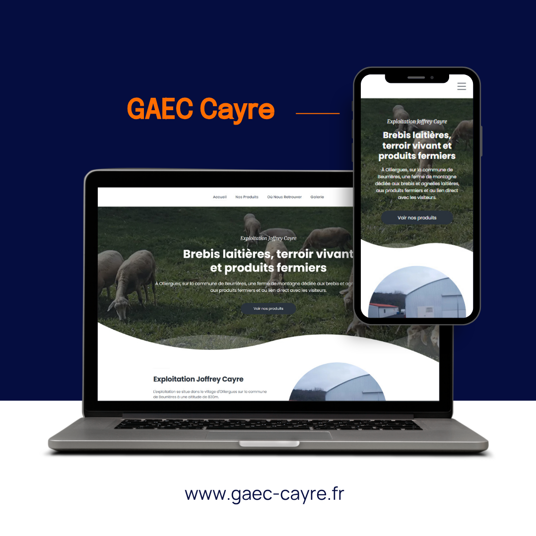 Site web de GAEC Cayre affiché sur un ordinateur portable et un smartphone sur fond bleu