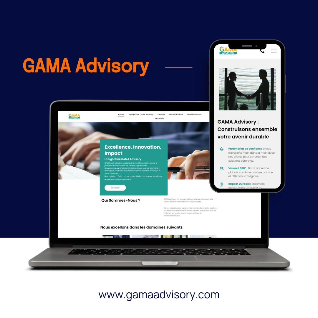 Un ordinateur portable et un smartphone affichent le site web de GAMA Advisory sur un fond bleu foncé, avec l'URL de l'entreprise en dessous.