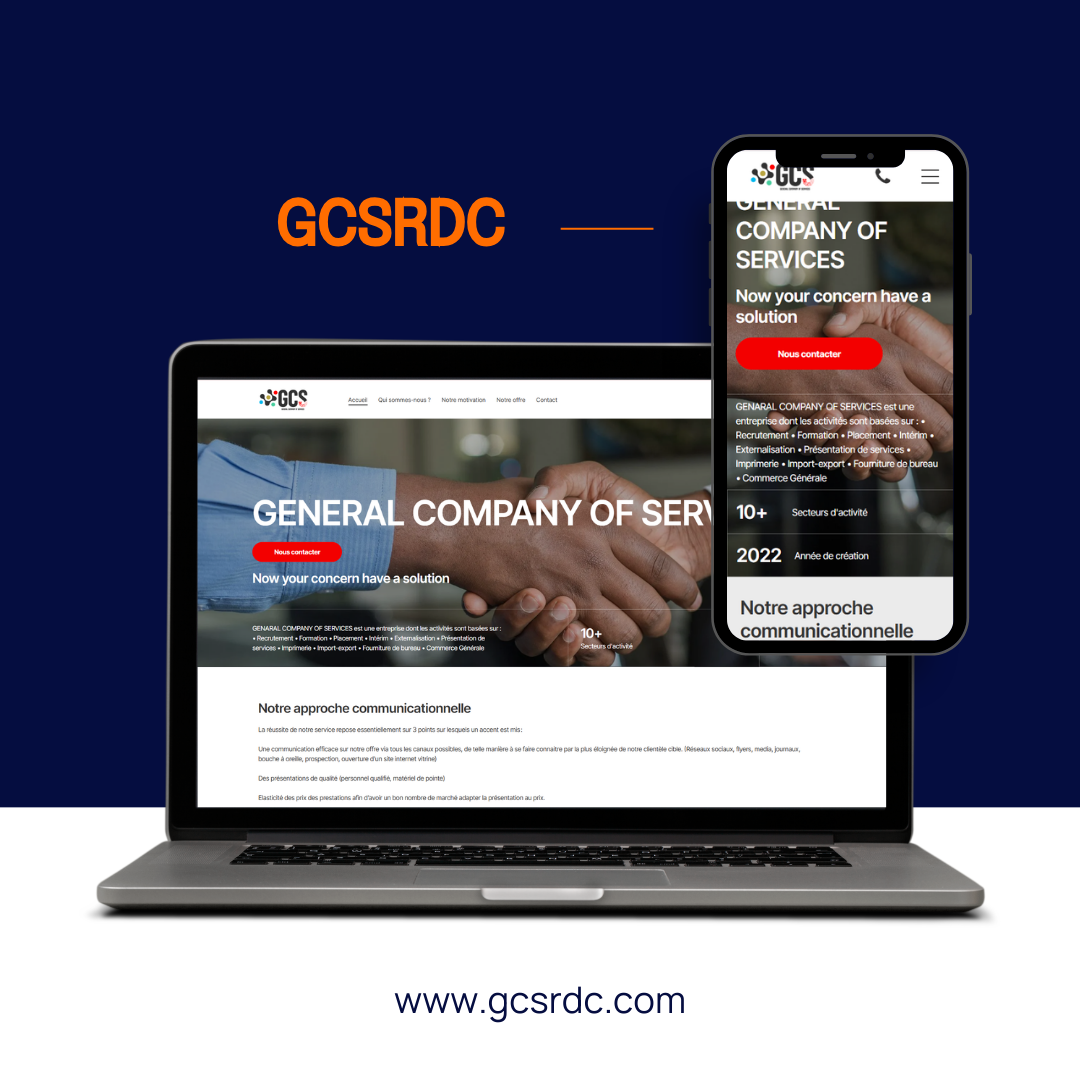 Un ordinateur portable et un téléphone portable affichent le site web de la société GCSRDC sur un fond bleu foncé, avec l'URL en dessous.