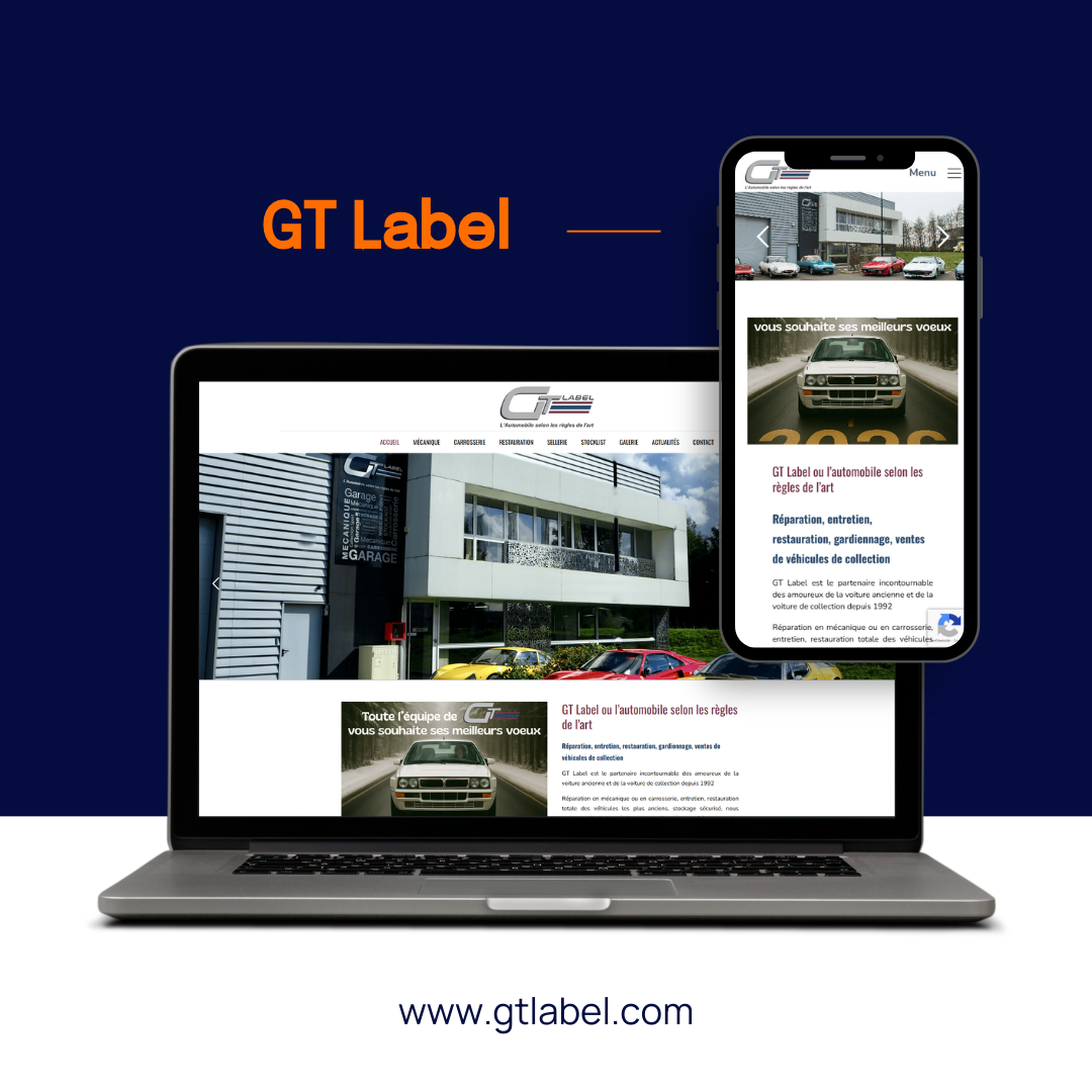 Un ordinateur portable et un smartphone affichent le site web de GT Label sur un fond bleu foncé, avec l'URL en dessous.