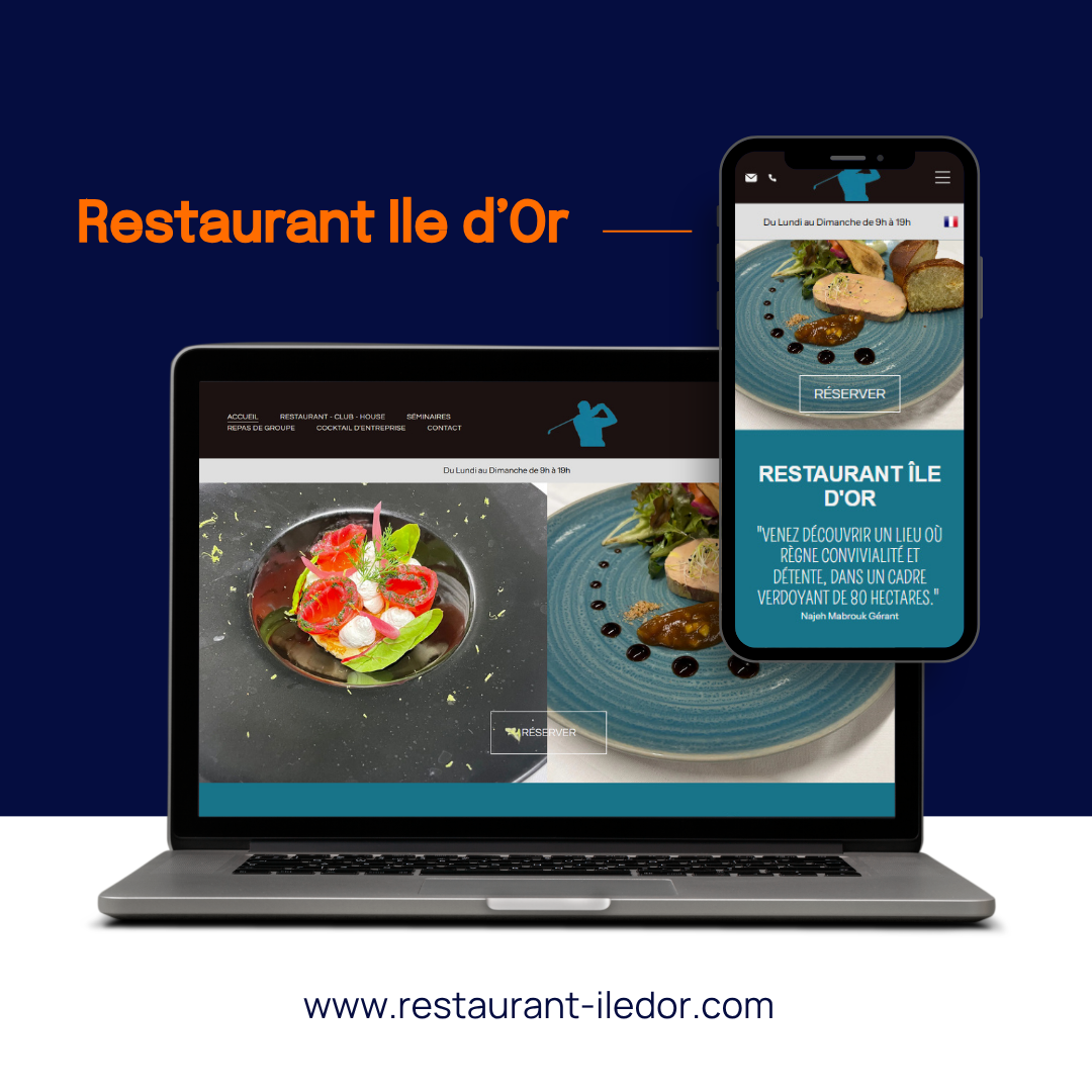 Le site web du restaurant Le d'Or s'affiche sur un ordinateur portable et un smartphone, avec un fond bleu et des plats présentés dans des assiettes.
