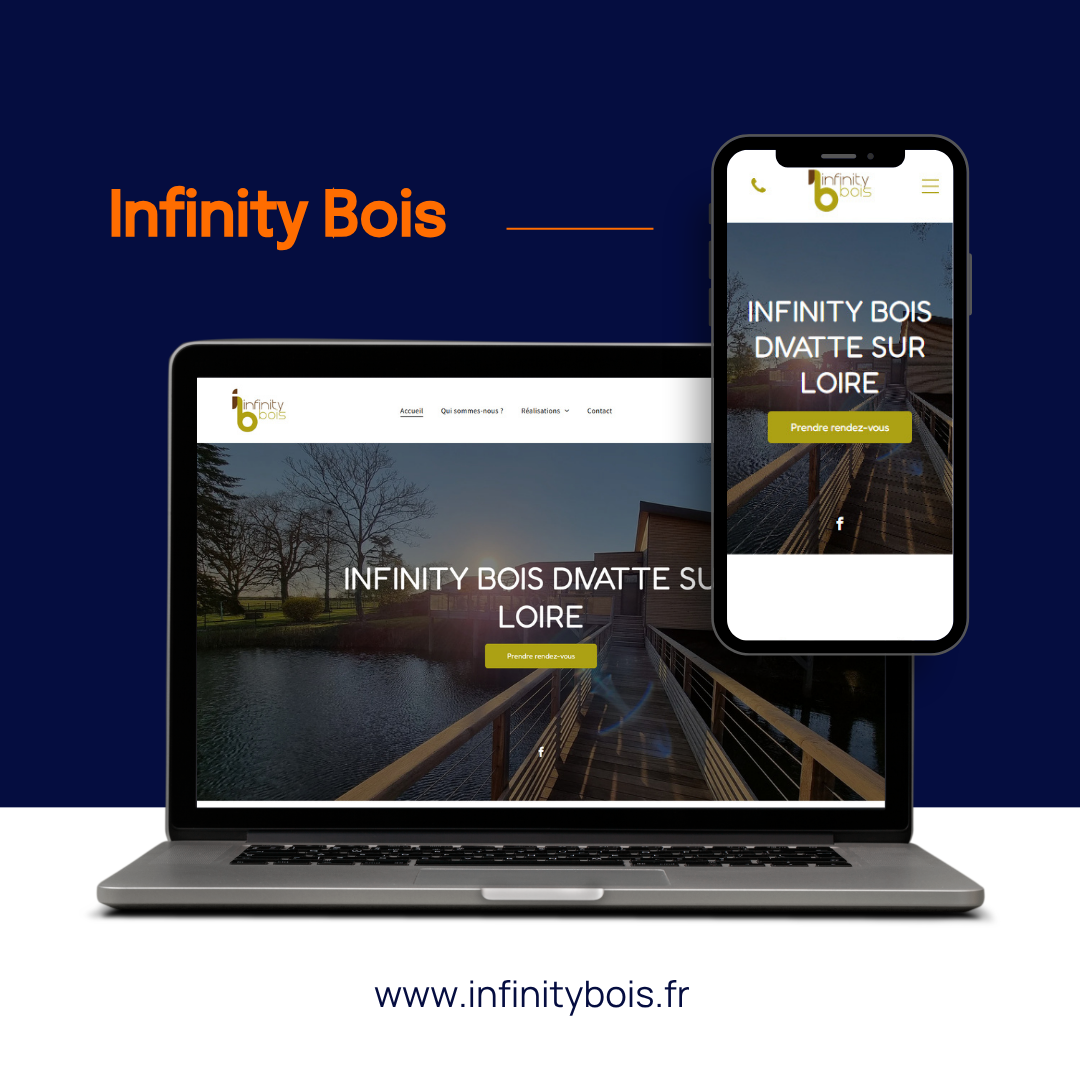 Maquette du site web Infinity Bois sur ordinateur portable et téléphone avec fond bleu et texte orange