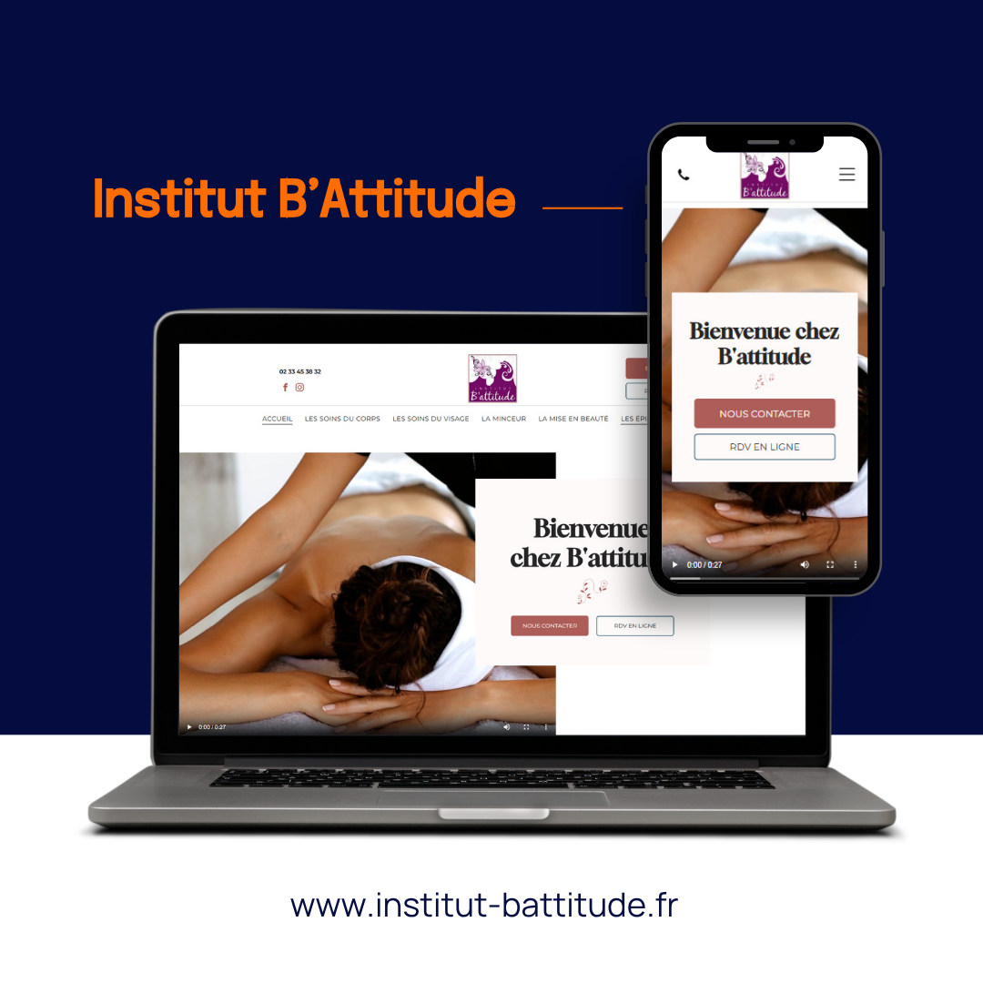 Site web de l'Institut B'Attitude affiché sur un ordinateur portable et un smartphone sur fond bleu foncé