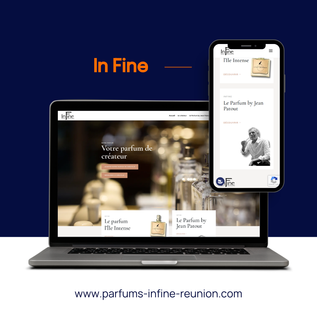 Un ordinateur portable et un smartphone affichent le site web d'In Fine sur un fond bleu foncé, avec l'URL de l'entreprise en dessous.