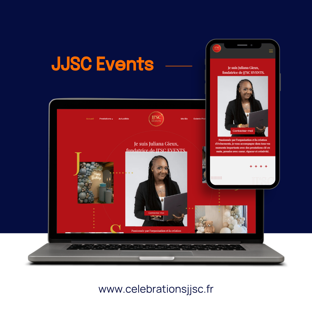 Page web des événements JSC affichée sur un ordinateur portable et un smartphone, avec une mise en page rouge sur fond bleu.
