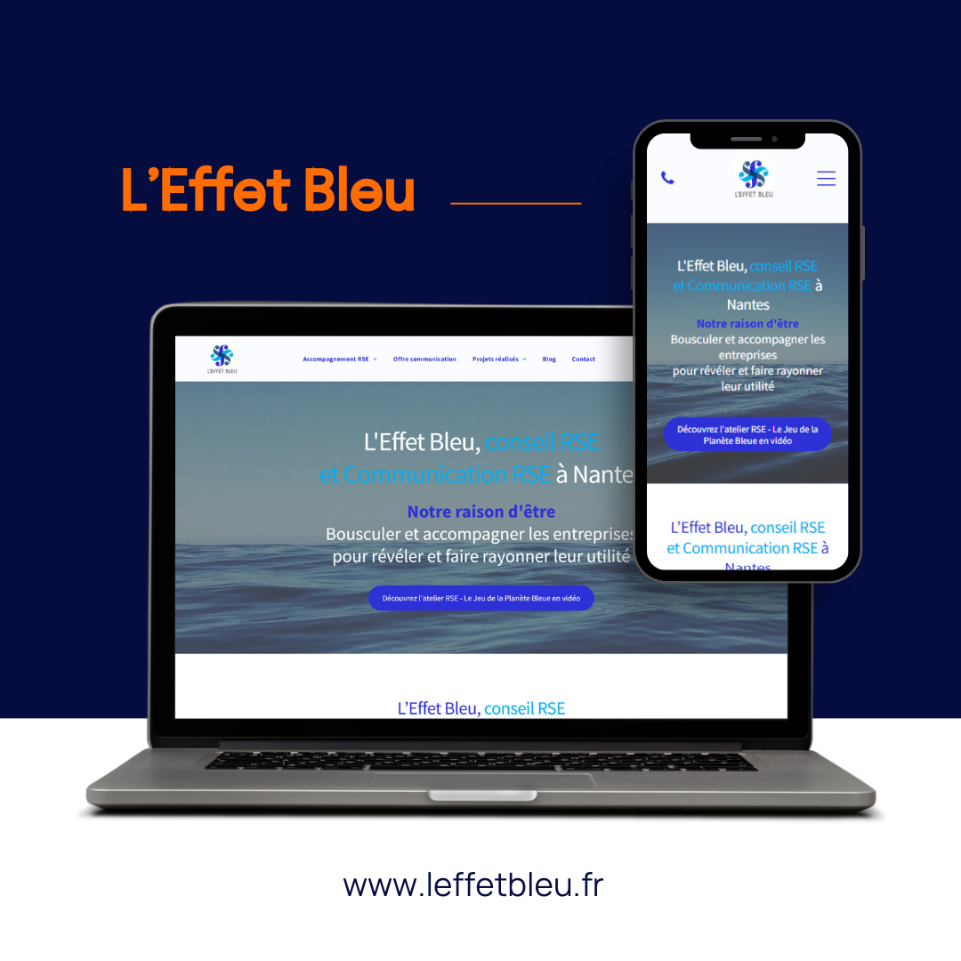 Logo « L'Effet Bleu » avec un ordinateur portable et un smartphone affichant le site web sur fond bleu