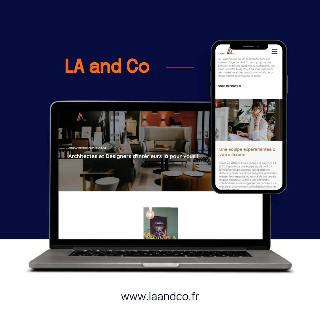 Un ordinateur portable et un smartphone affichent le site web de design d'intérieur LA and Co sur un fond bleu foncé.