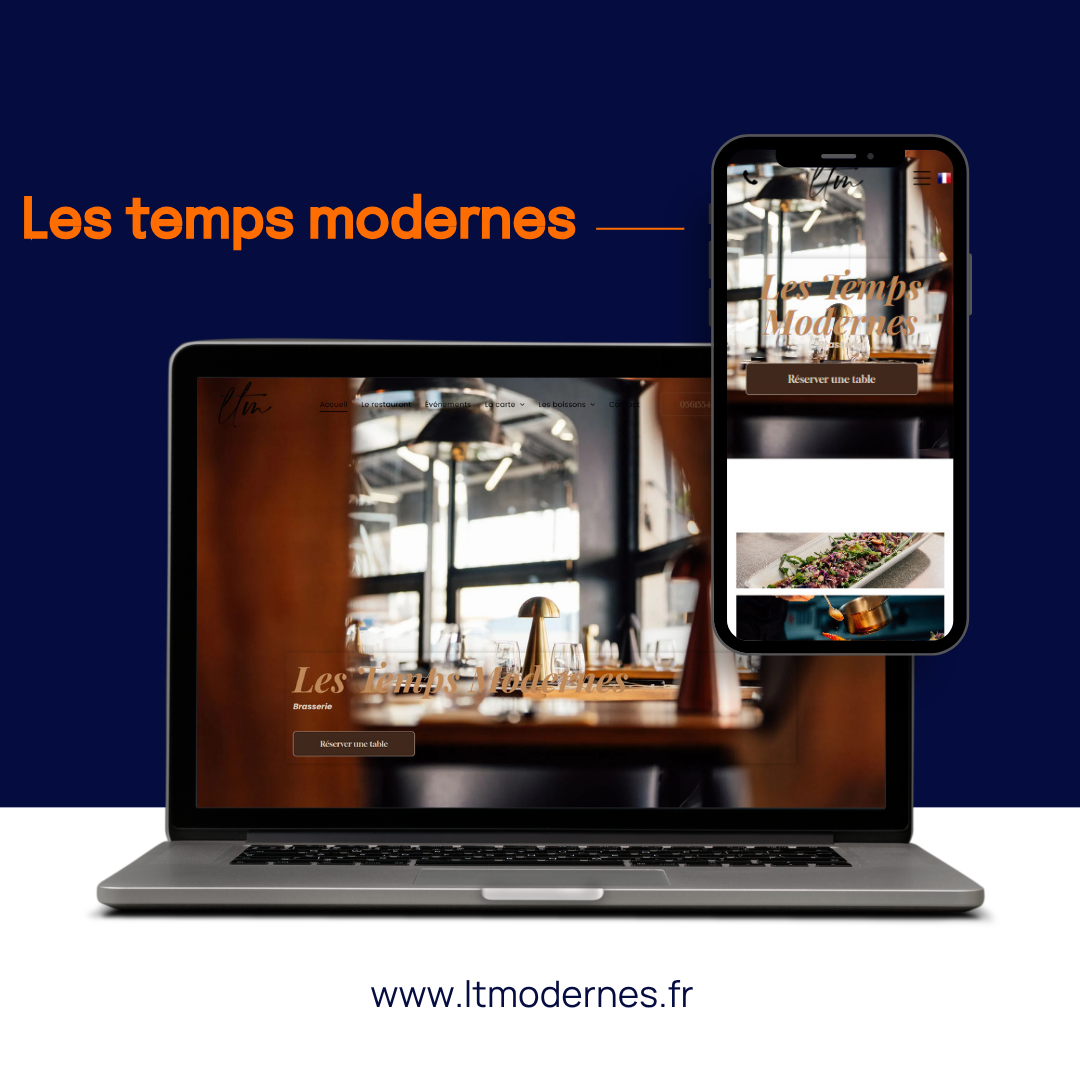 Maquette de site web sur ordinateur portable et téléphone avec le titre « Les temps modernes » sur fond bleu foncé