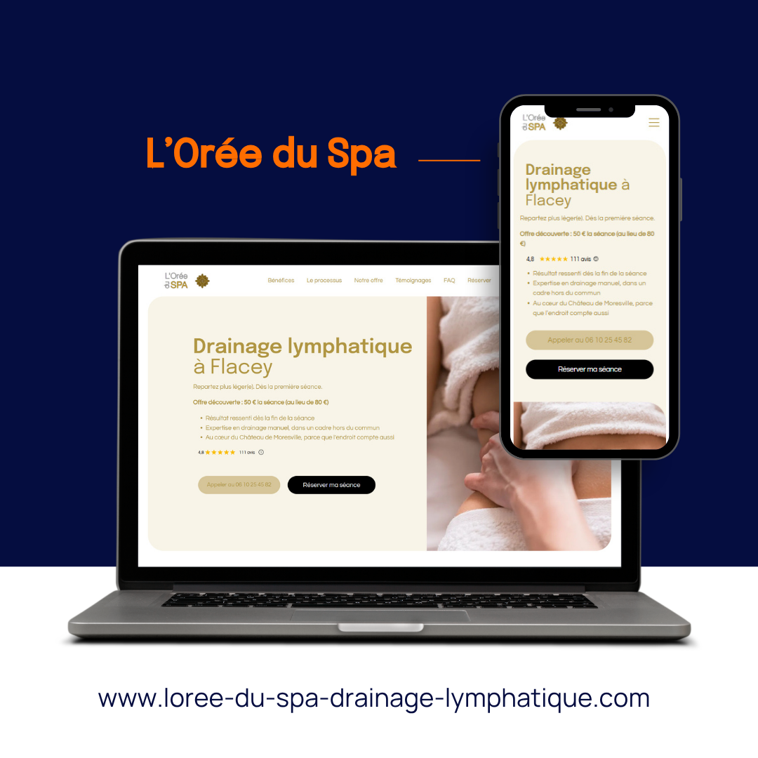 Maquette du site web de L'Orée du Spa sur ordinateur portable et smartphone, fond bleu, présentant la page du service de drainage lymphatique