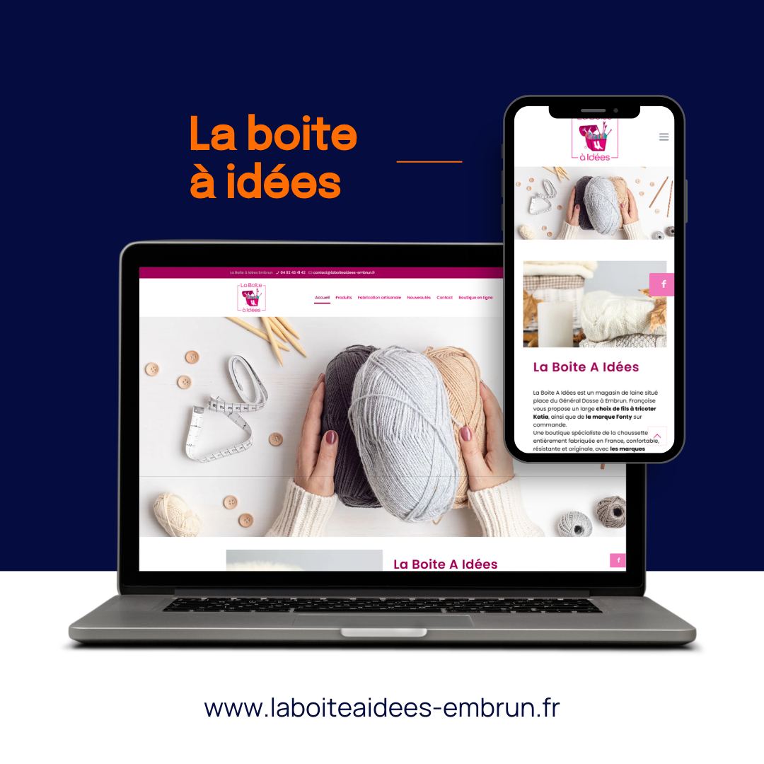 Un ordinateur portable et un smartphone affichant le site web « La boîte à idées » présentant de la laine et des aiguilles à tricoter sur un fond bleu marine.