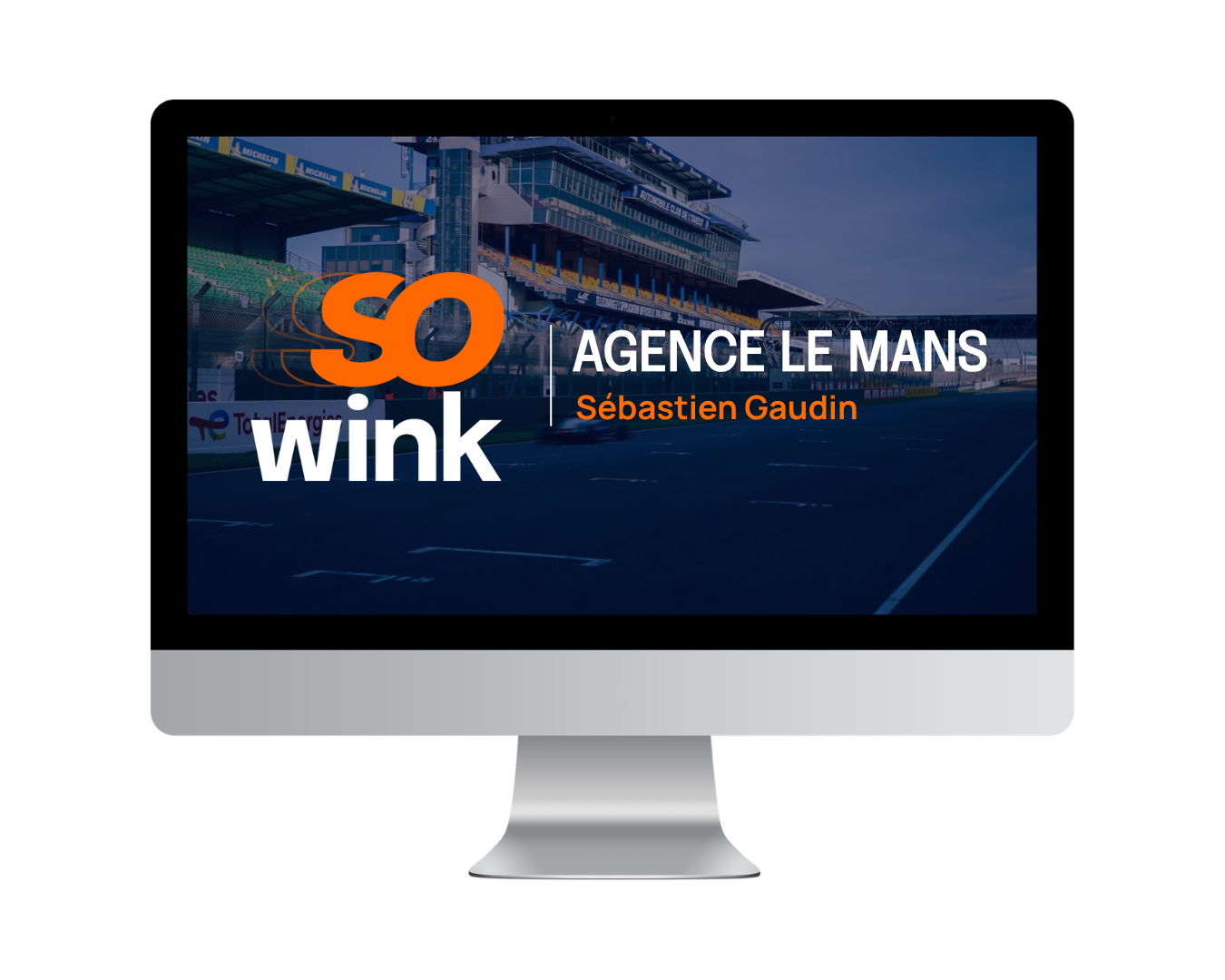 Un écran d'ordinateur de bureau affichant une bannière publicitaire « So Wink » avec le texte « Agence Le Mans » et « Sébastien Gaudin ».
