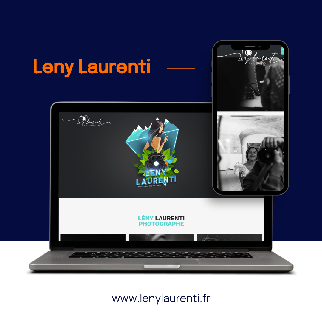 Un ordinateur portable et un smartphone affichent le site web de photographie de Leny Laurenti sur un fond bleu foncé.