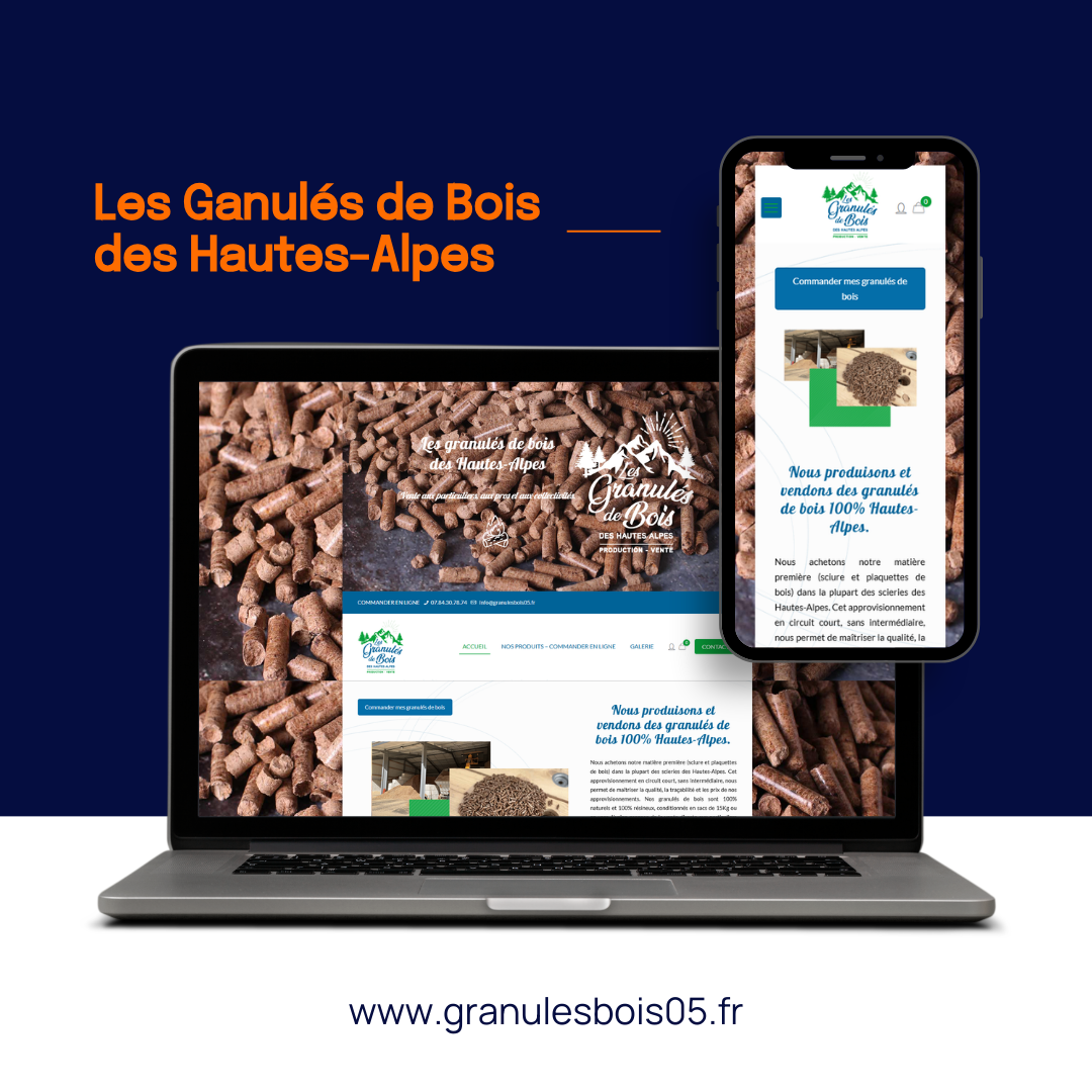 A laptop and smartphone displaying a website for Les Granulés de Bois des Hautes-Alpes on a blue background.
