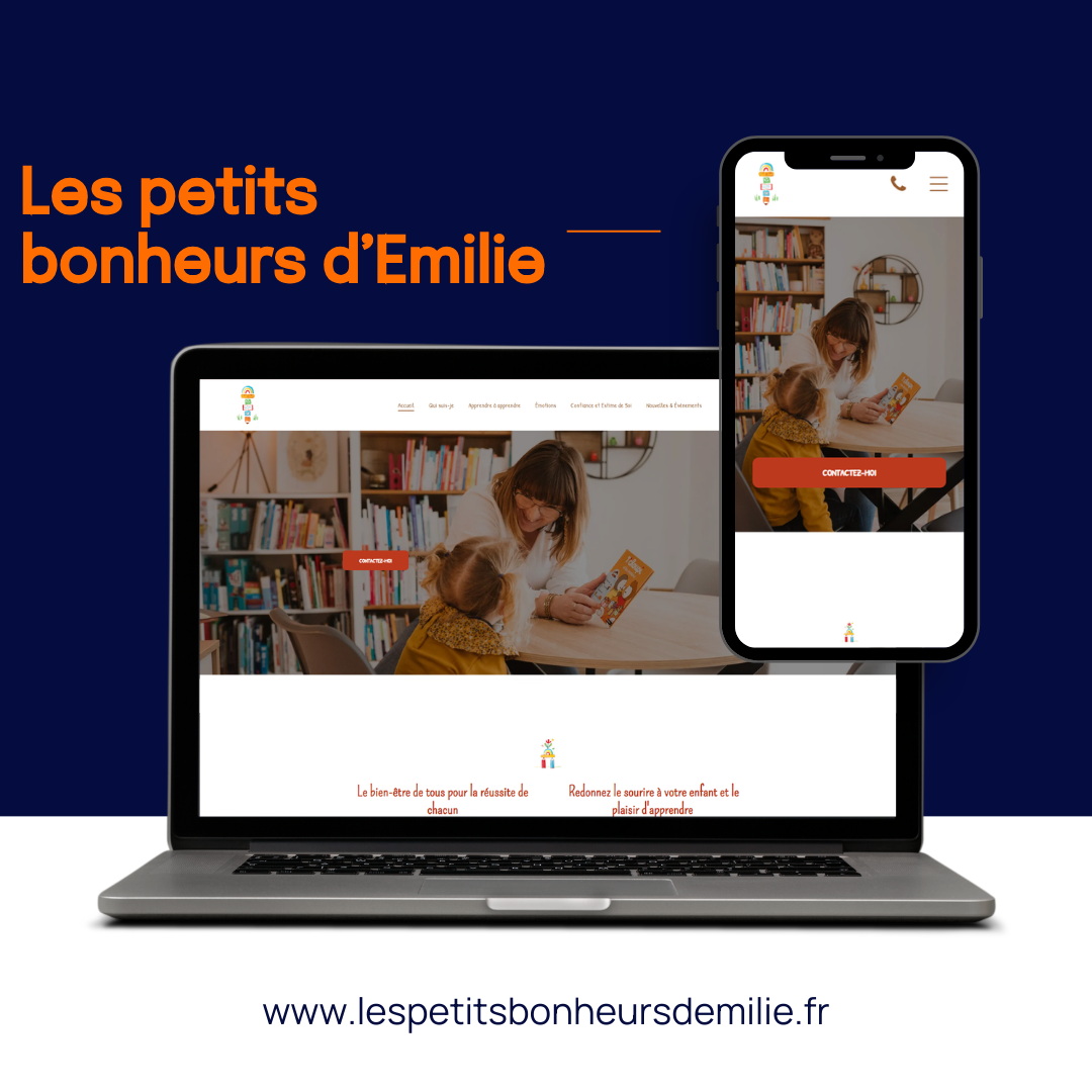 Un ordinateur portable et un smartphone affichant le site web « Les petits bonheurs d'Emilie » sur un fond bleu foncé.