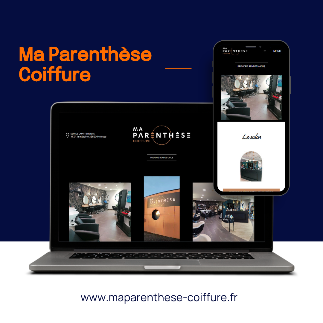 Maquette du site web de Me Parenthèse Coiffure, montrant un ordinateur portable et un téléphone sur un fond bleu foncé.