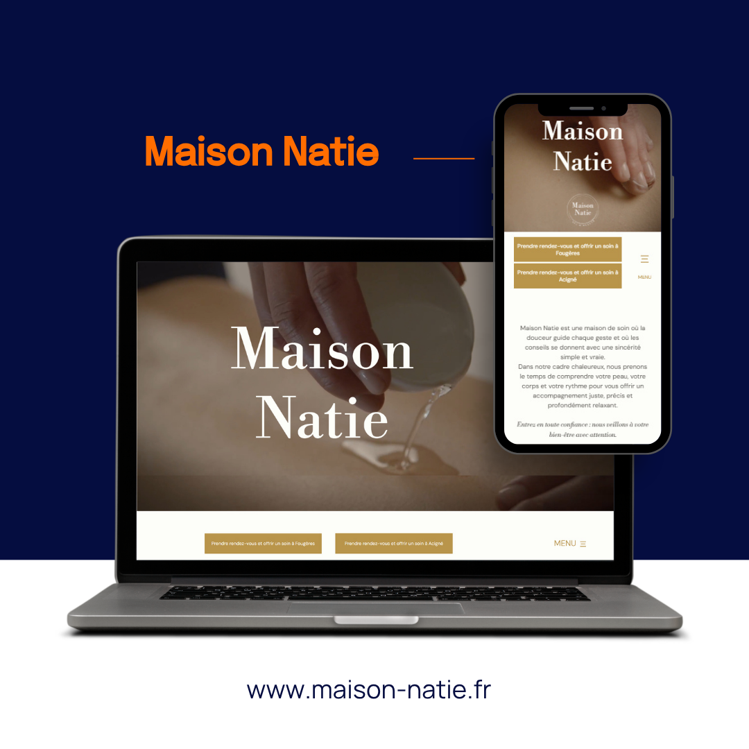 Site web de Maison Natie affiché sur ordinateur portable et smartphone sur fond bleu