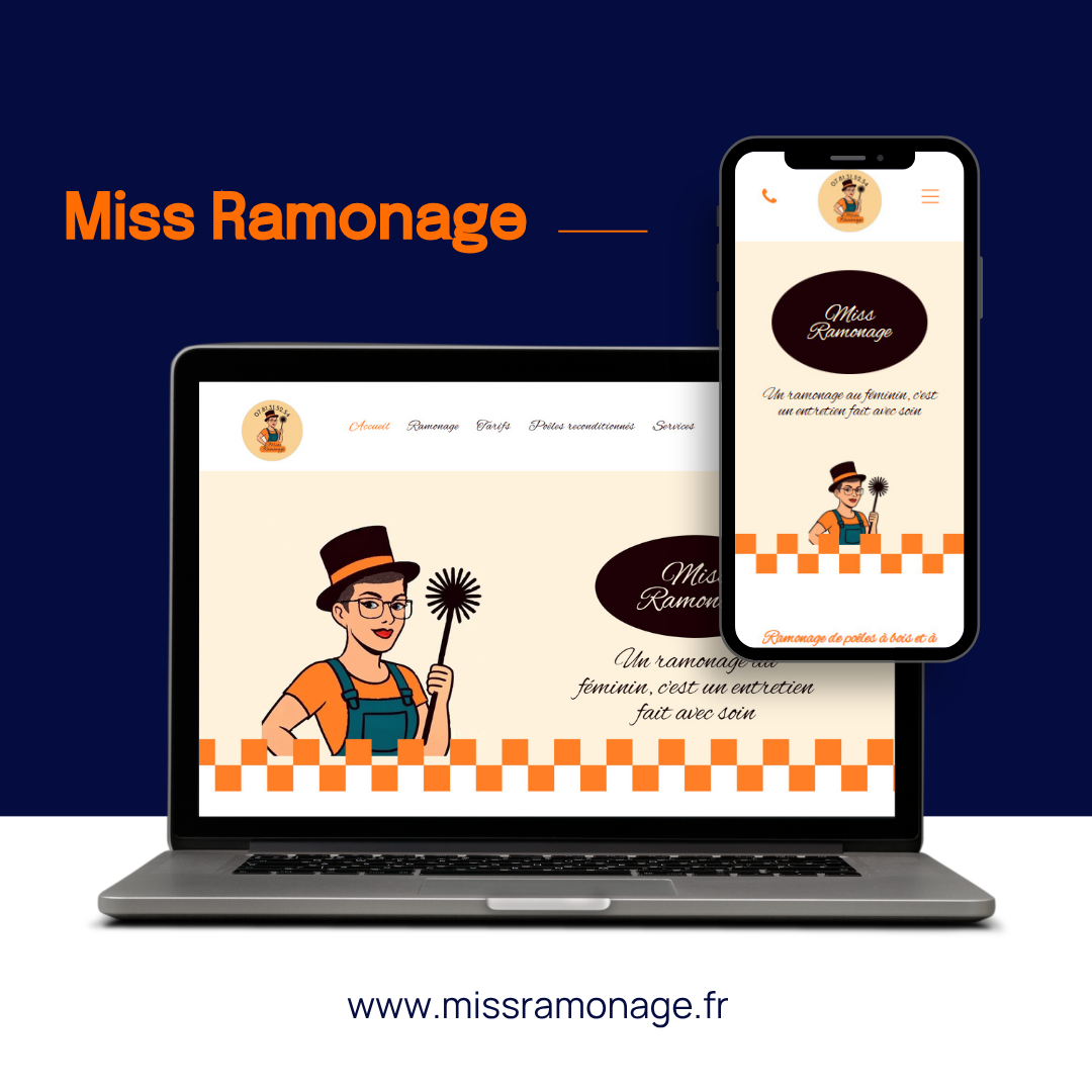Ordinateur portable et téléphone affichant le site web de Miss Ramonage avec un design orange et crème et un logo de ramoneur de dessin animé