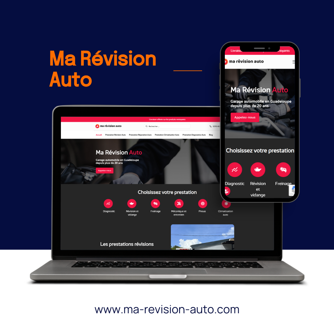 Un ordinateur portable et un téléphone portable affichent le site web www.ma-revision-auto.com sur un fond bleu foncé.
