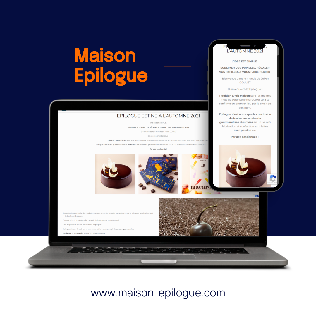 Un ordinateur portable et un smartphone affichant le site web de Maison Epilogue, sur fond bleu foncé avec le nom de la marque.