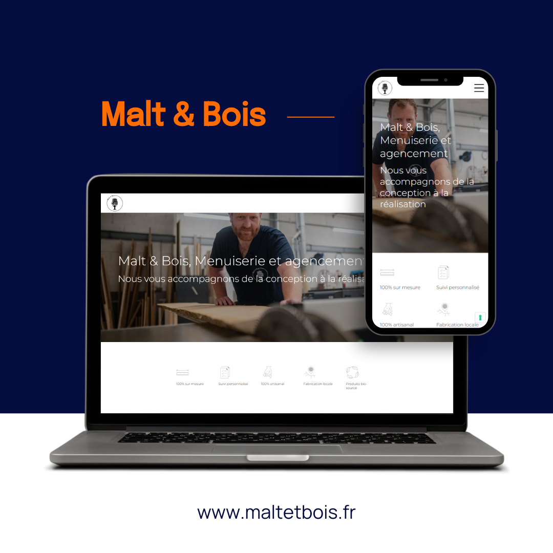 Un ordinateur portable et un smartphone affichant le site web de Malt & Bois, sur un fond bleu foncé avec l'URL de la marque en dessous.