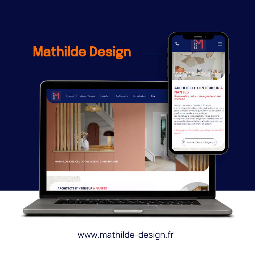 Site web de Mathilde Design affiché sur ordinateur portable et smartphone avec fond bleu et URL