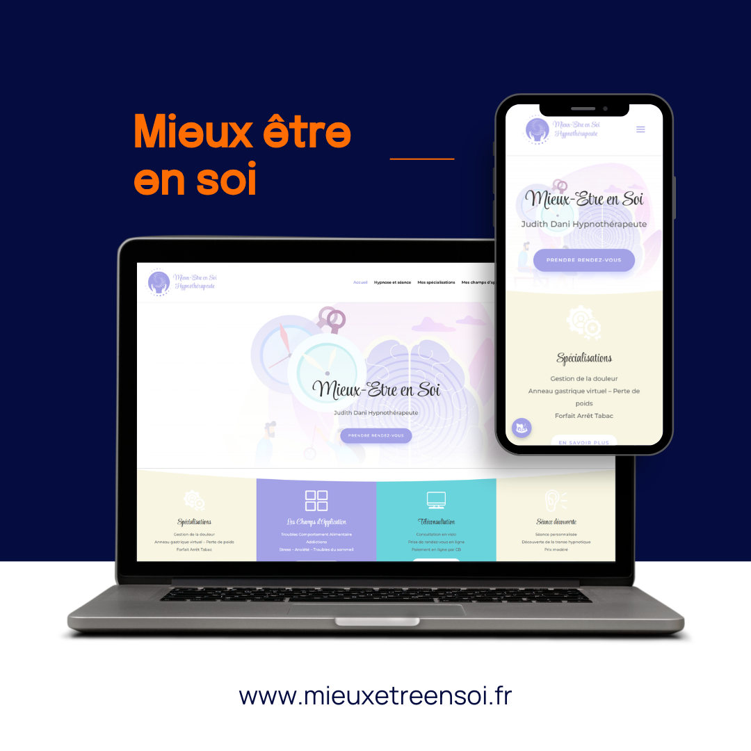 Un ordinateur portable et un smartphone affichent le site web « Mieux être en soi » sur un fond bleu marine, avec l'URL du site en dessous.