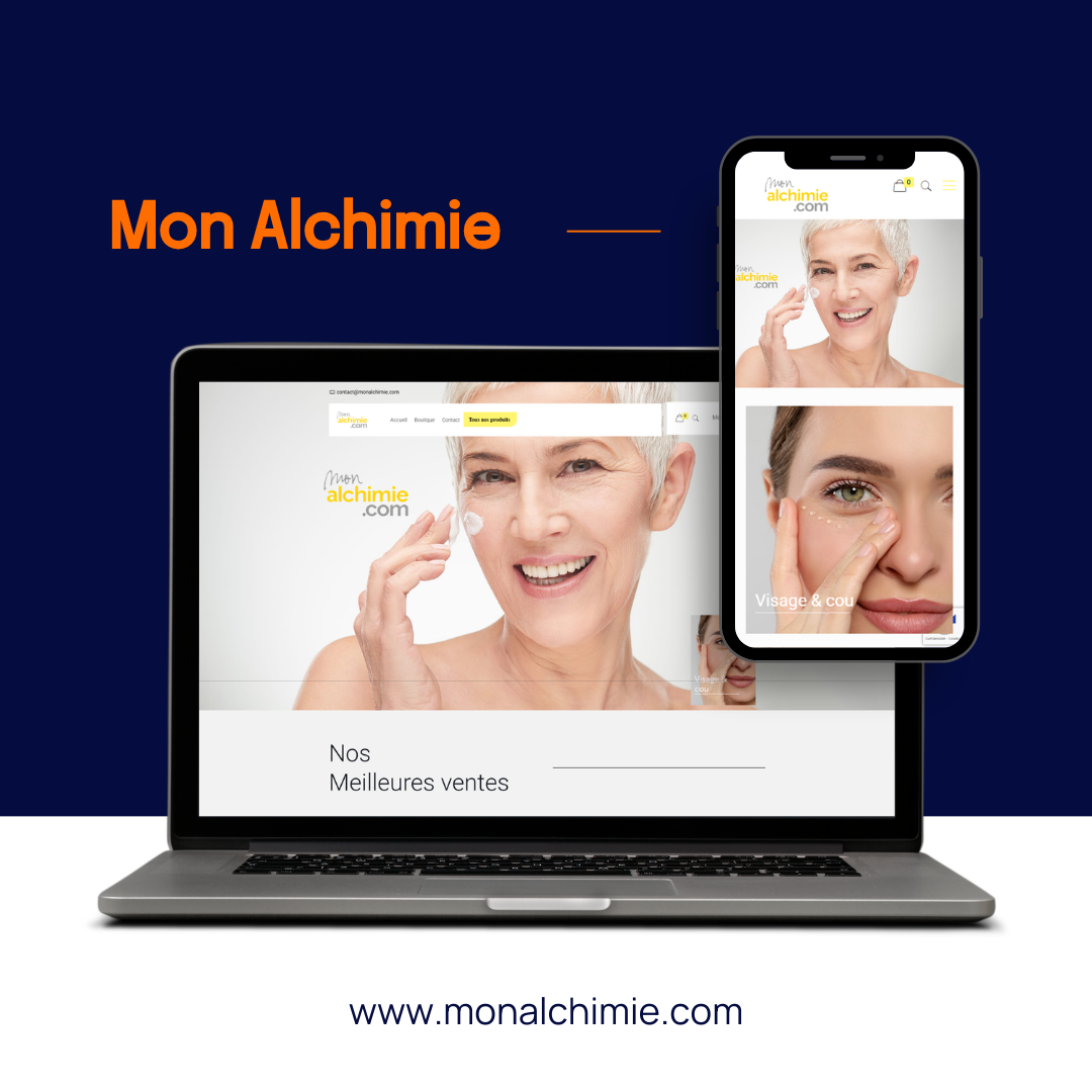 Un ordinateur portable et un smartphone affichant le site web Mon Alchimie, présentant des images de soins de la peau sur un fond bleu foncé.