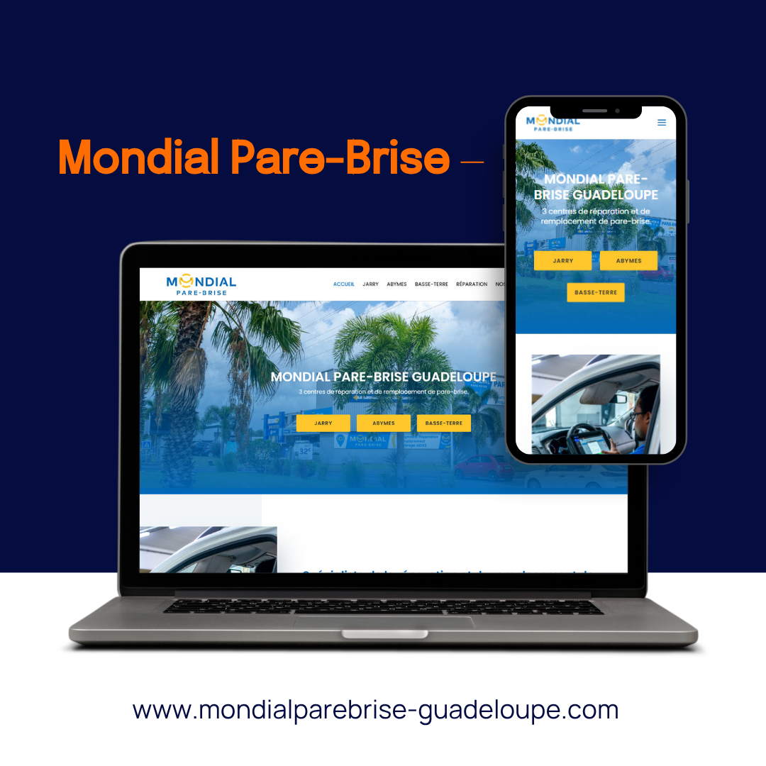 Maquette du site web de Mondial Pare-Brise sur ordinateur portable et smartphone sur fond bleu