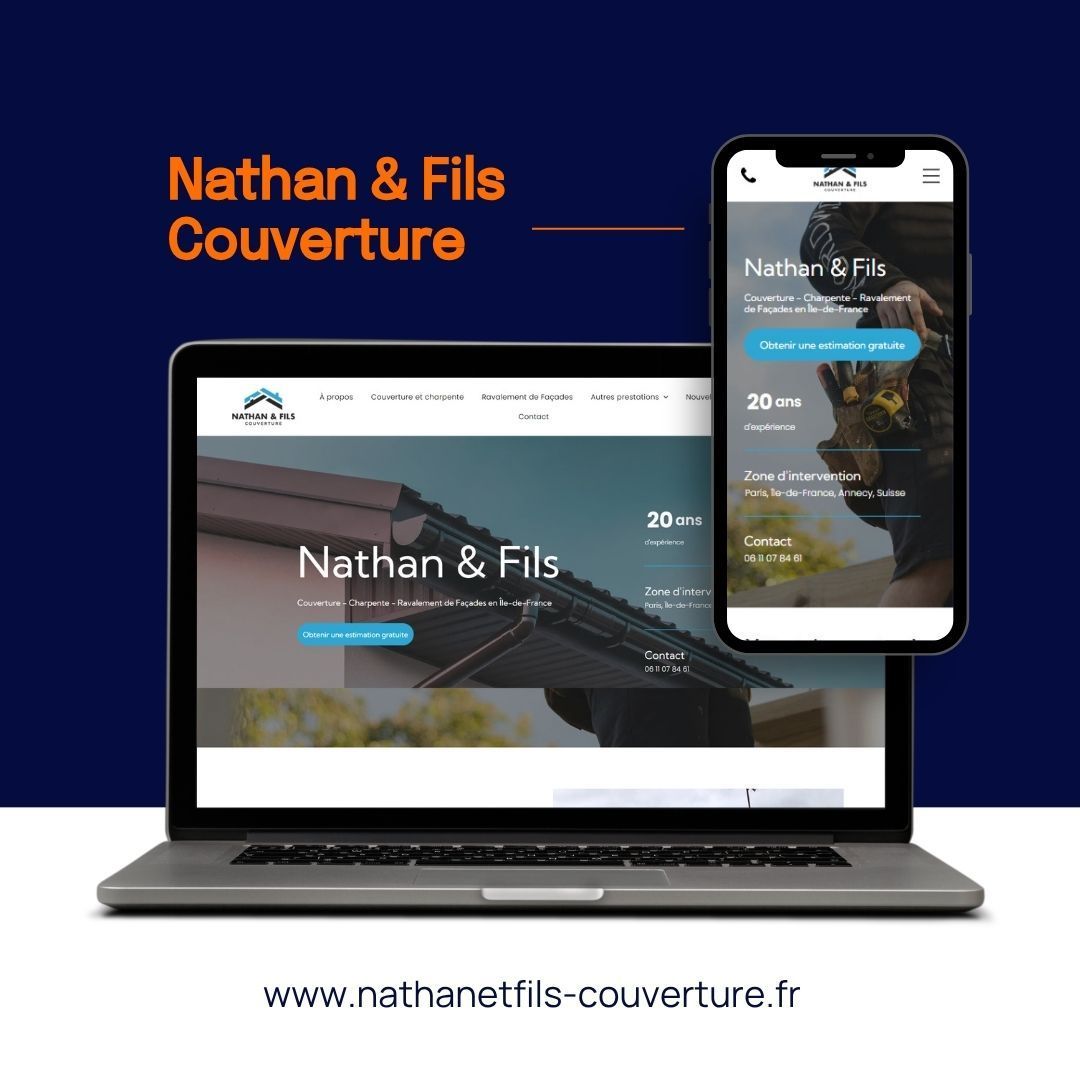 Site web de Nathan & Fils Couverture affiché sur un ordinateur portable et un smartphone, avec un en-tête bleu et une image de toit en arrière-plan.