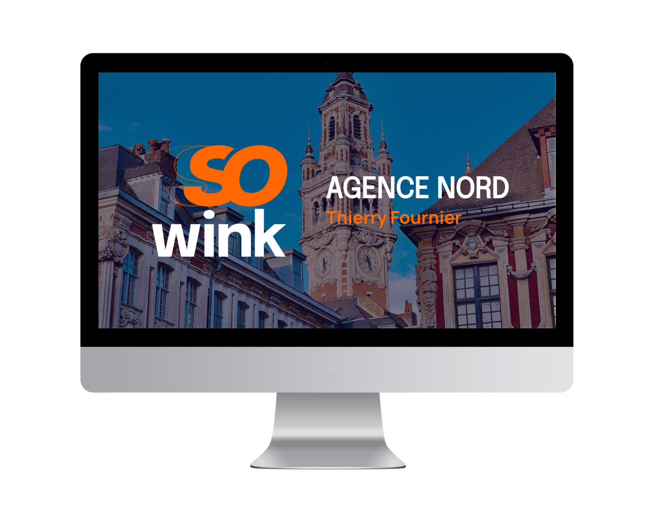 Un écran d'ordinateur affichant une diapositive de marque « So Wink » pour « Agence Nord » avec l'image d'un bâtiment historique.