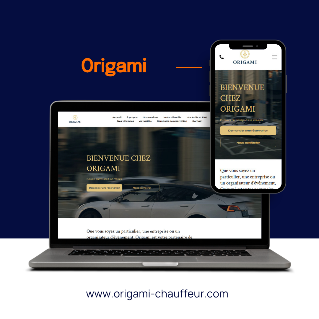 Site web Origami Chauffeur affiché sur ordinateur portable et téléphone sur fond bleu foncé