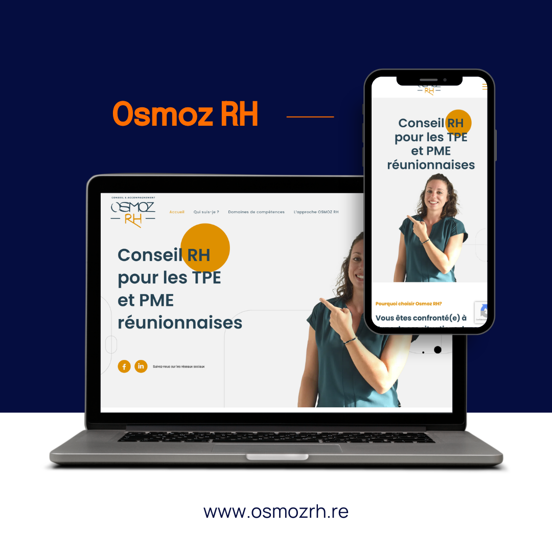 Images de la marque Osmoz RH montrant un site web sur un écran d'ordinateur portable et de smartphone, avec l'URL www.osmozrh.re en bas.