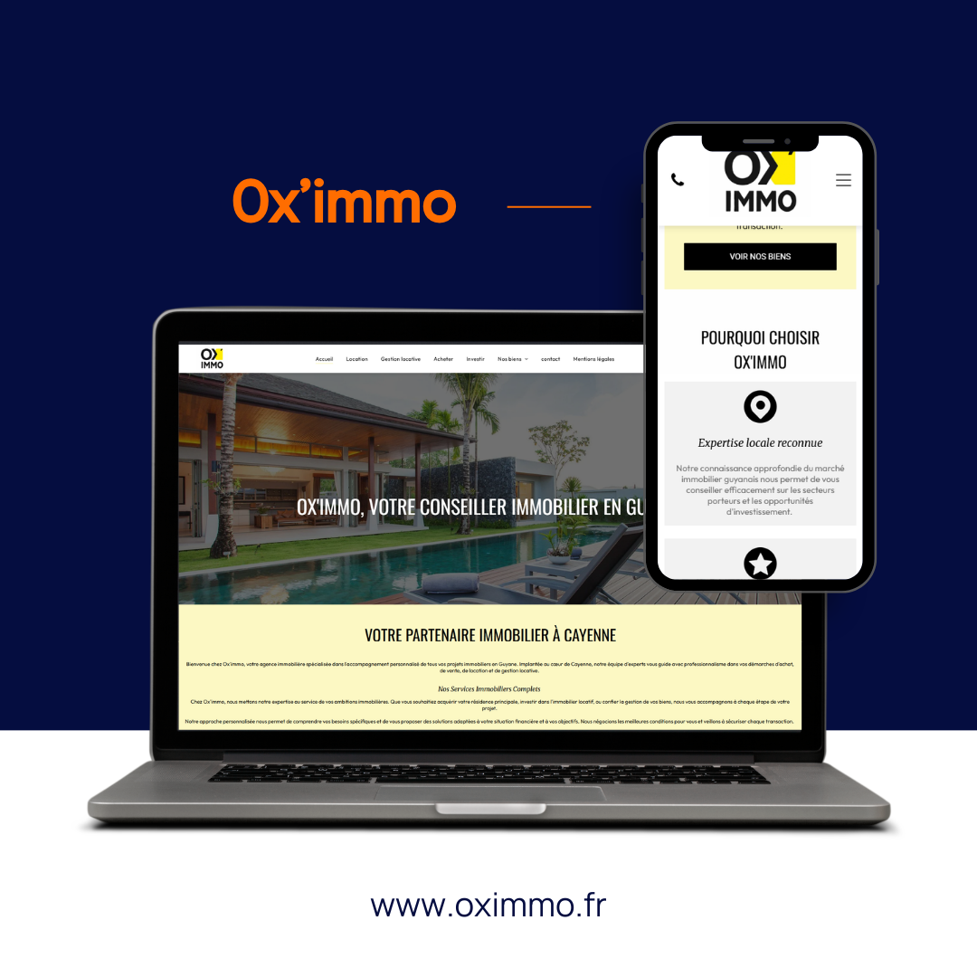 Un ordinateur portable et un smartphone affichant le site web immobilier Ox'immo sur un fond bleu foncé.