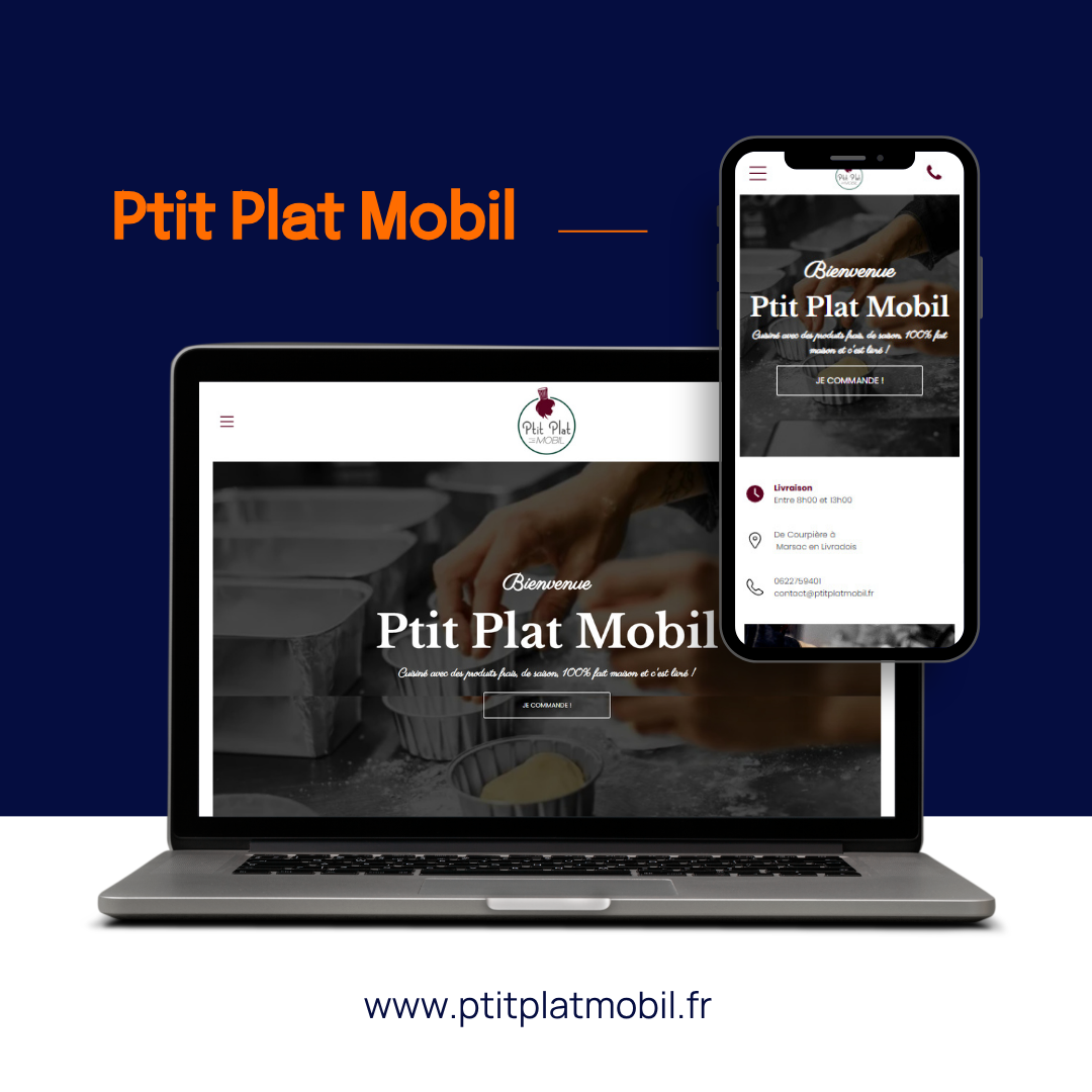 Site web de Ptit Plat Mobil affiché sur un ordinateur portable et un smartphone avec un fond bleu foncé