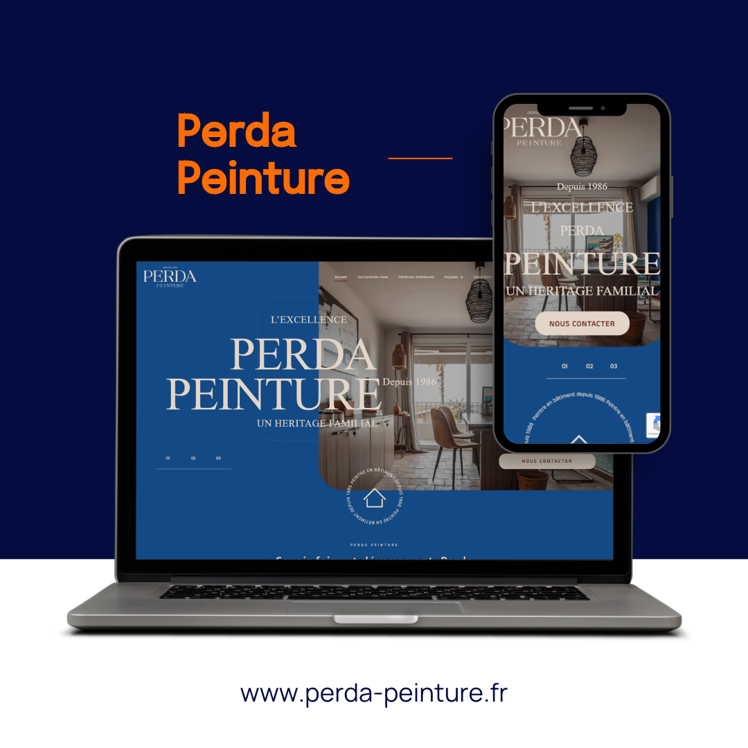 Un ordinateur portable et un smartphone affichent le site web de Perda Peinture sur un fond bleu foncé avec l'URL de l'entreprise.