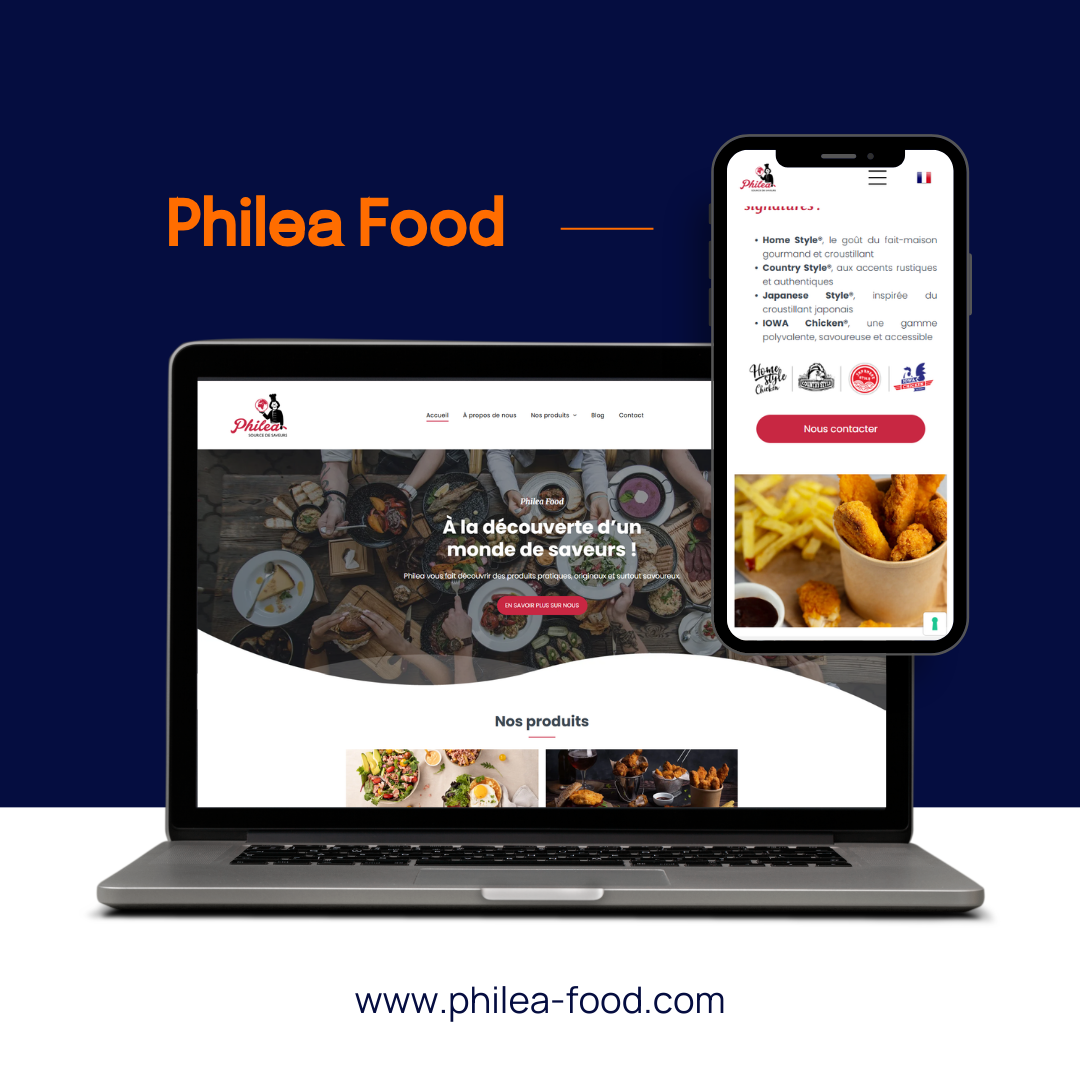 Un ordinateur portable et un smartphone affichant le site web de Philea Food, avec l'URL www.philea-food.com en bas sur un fond bleu.