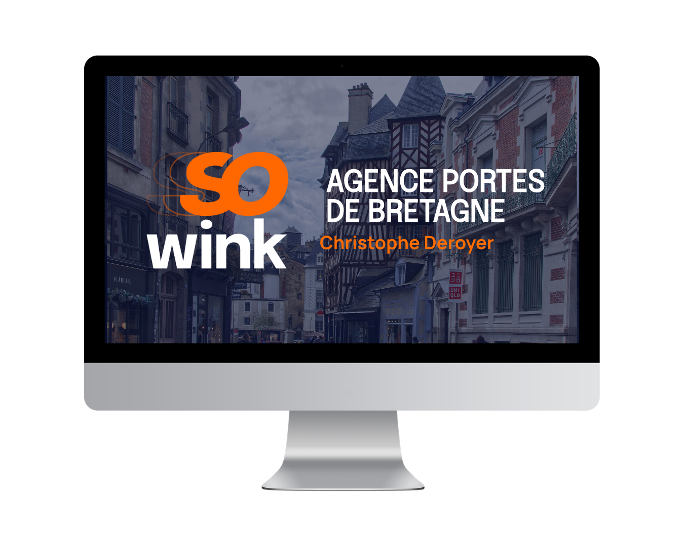 Un écran d'ordinateur affichant une diapositive de marque « So Wink » pour l'« Agence Portes de Bretagne » avec Christophe Deroyer.