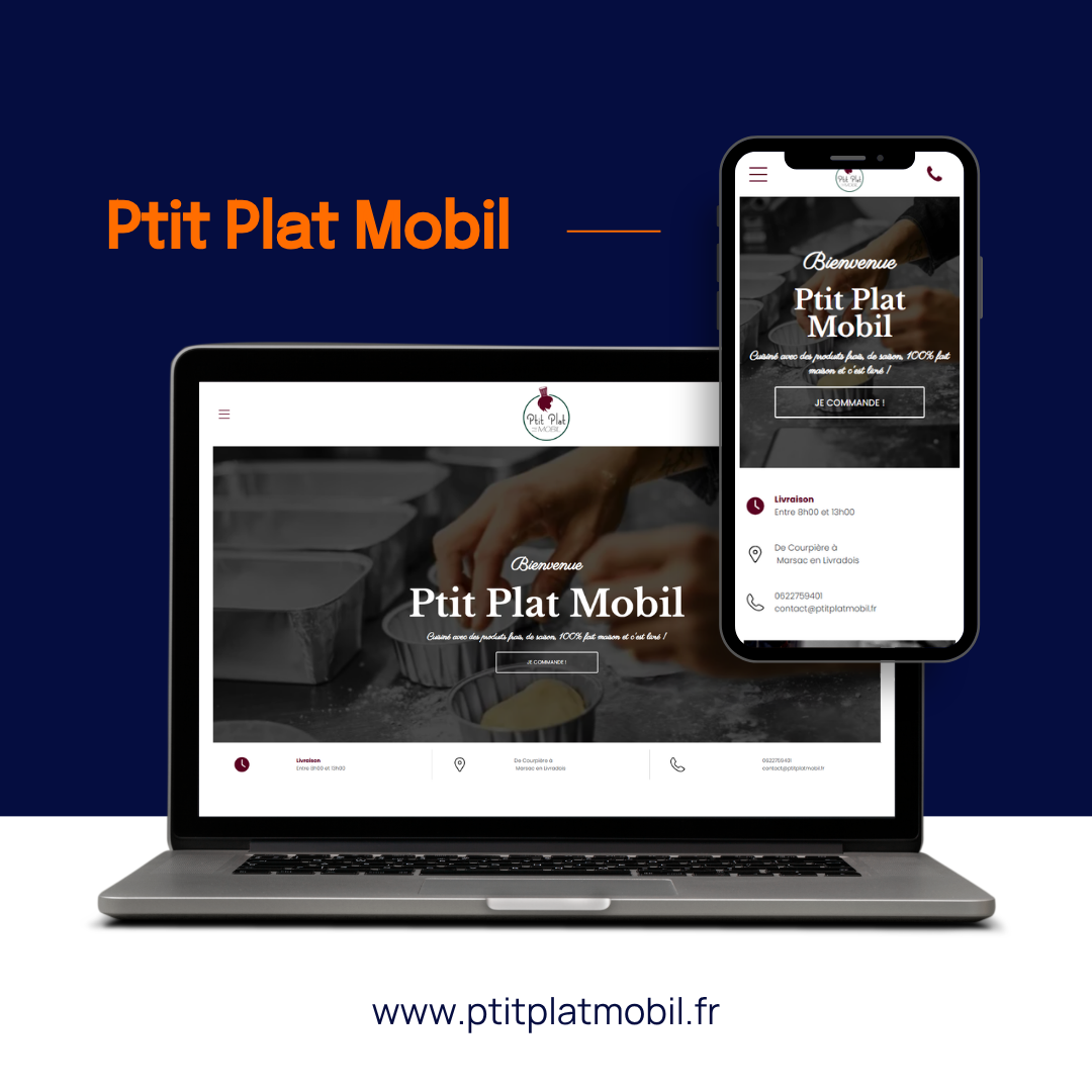 Un ordinateur portable et un smartphone affichant le site web de Ptit Plat Mobil sur un fond bleu foncé.