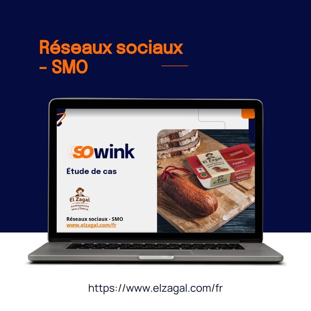 Un écran d'ordinateur portable affichant une étude de cas « Sowink » pour El Zagal, montrant des produits alimentaires sur une planche en bois.