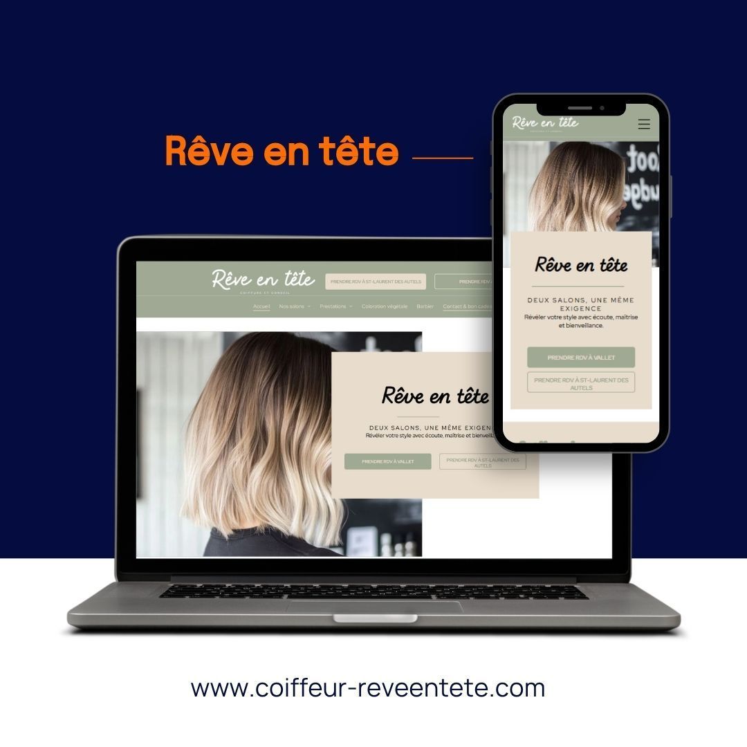 Maquette de site web pour le salon de coiffure « Rêve en tête » sur ordinateur portable et téléphone, avec une coiffure blonde et un fond bleu marine.