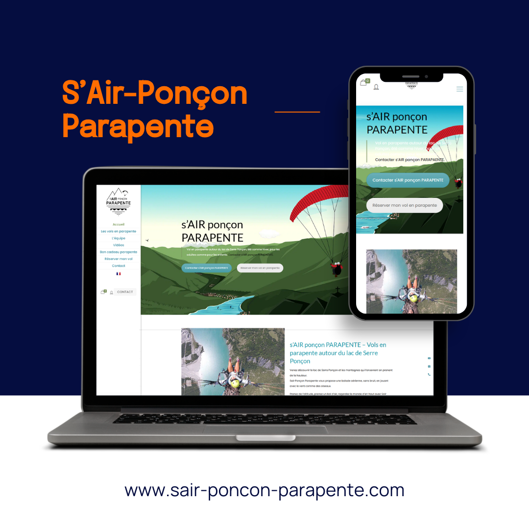 Un ordinateur portable et un smartphone affichent le site web de S'Air-Ponçon Parapente sur un fond bleu foncé avec l'URL en dessous.