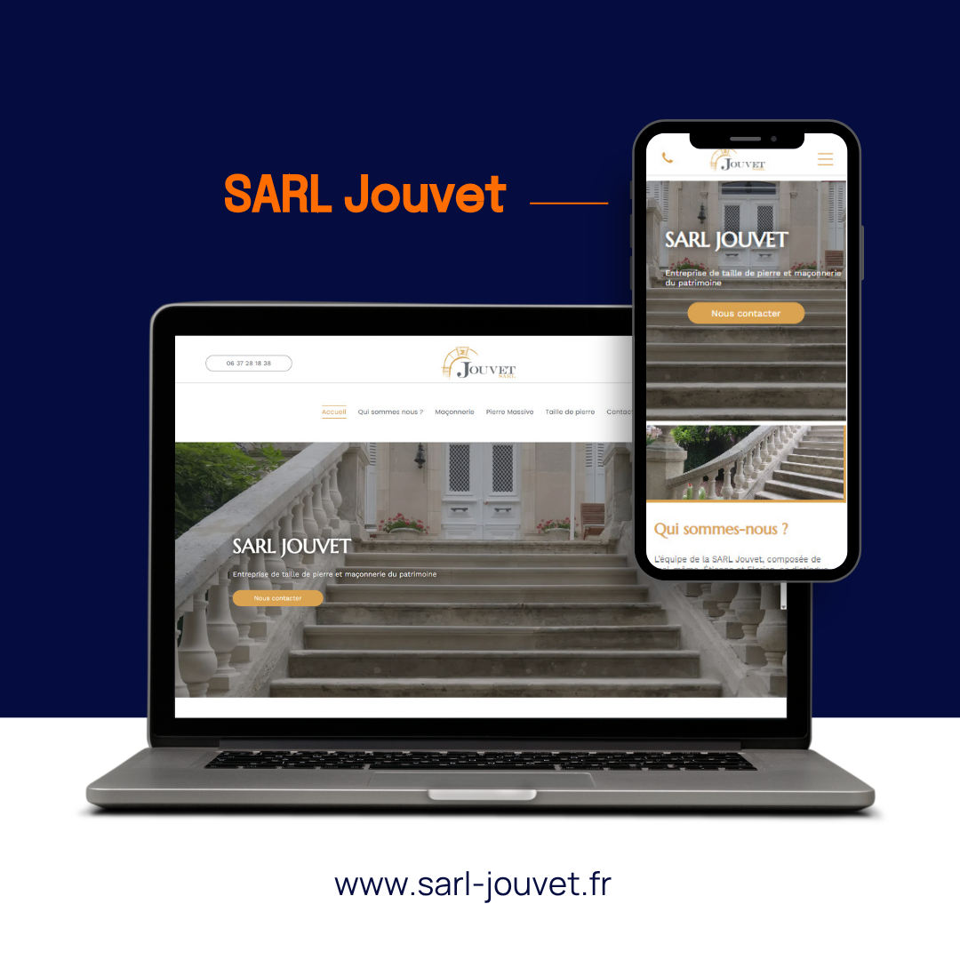 Site web de la SARL Jouvet affiché sur un ordinateur portable et un smartphone sur fond bleu foncé