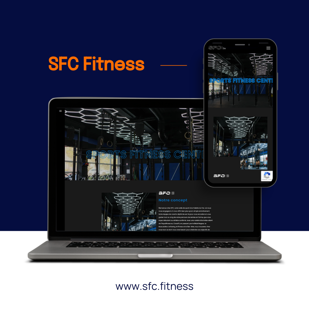 Un ordinateur portable et un smartphone affichent le site web de SFC Fitness sur un fond bleu foncé, avec l'URL du site web en dessous.