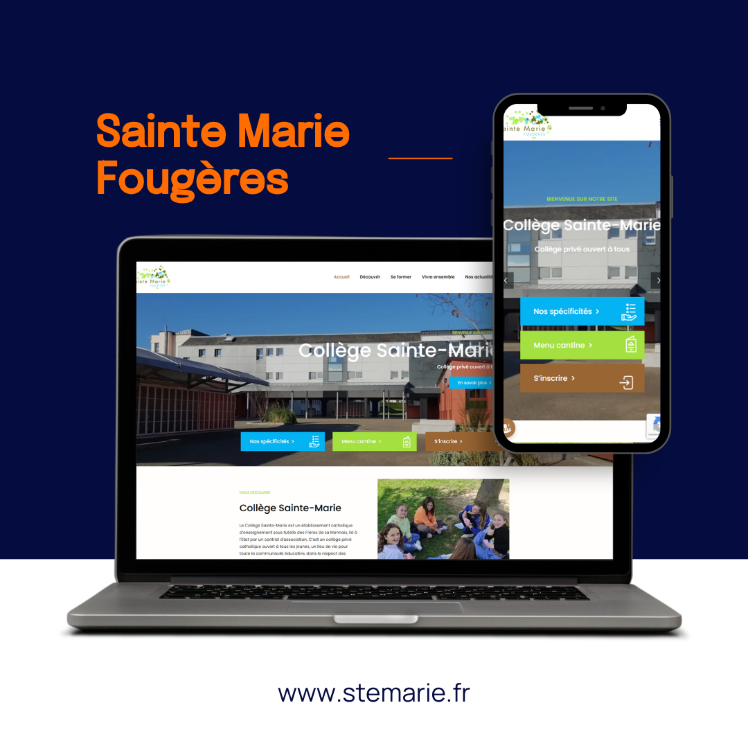 Un ordinateur portable et un smartphone affichent le site web du Collège Sainte-Marie sur un fond bleu foncé, avec l'URL en dessous.