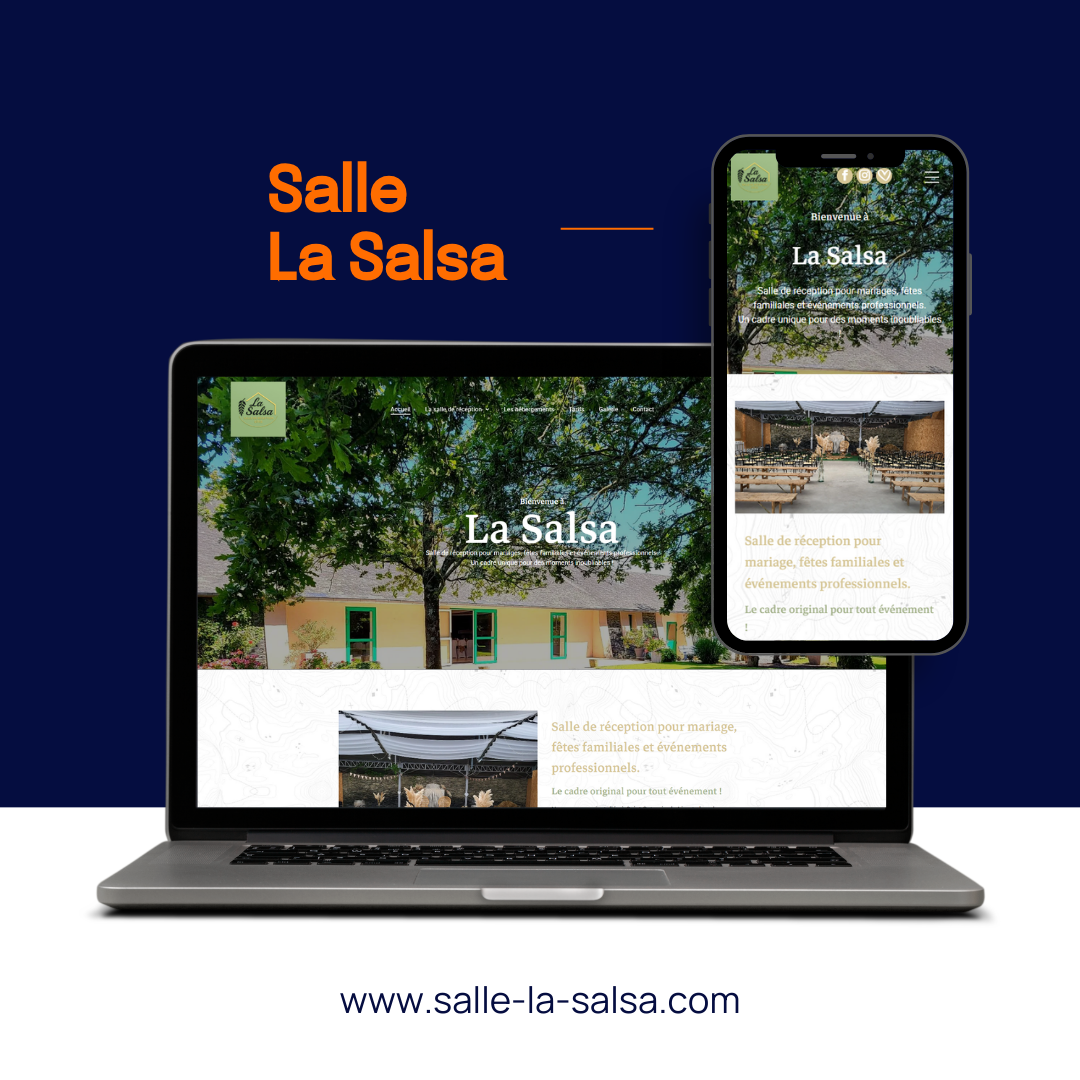 Un ordinateur portable et un smartphone affichent le site web du restaurant La Salsa sur un fond bleu foncé, avec l'URL du site web en dessous.